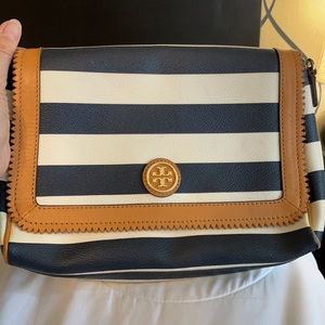Tory Burch navy and white stripe crossbody purse.